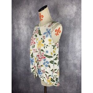 Women’s Size M White Floral Flower Print Casual Shirt Tank Sleeveless Tie Front